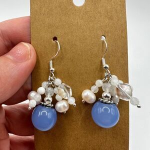Glass, moonstone, pearl beaded dangle earrings with sterling silver hooks!